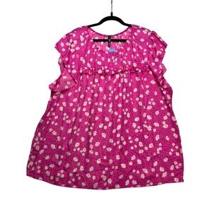 Glitzy Girlz Womens 4X Hot Pink Floral Flutter Sleeve Babydoll Blouse Summer